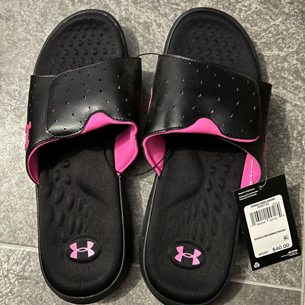 Under Armour Black and Pink Slides